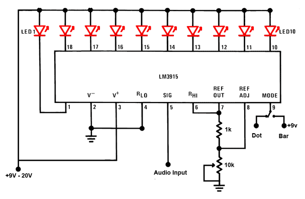 LED Sound level display circuit by using IC LM3915 circuit