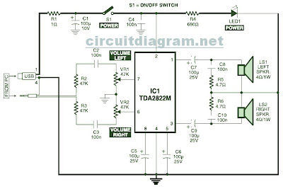 Stereo PC Speaker Powered USB Speaker Schematic Diagram circuit