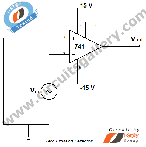 Zero Crossing Detector (ZCD): Comparator circuit using 741 op amp