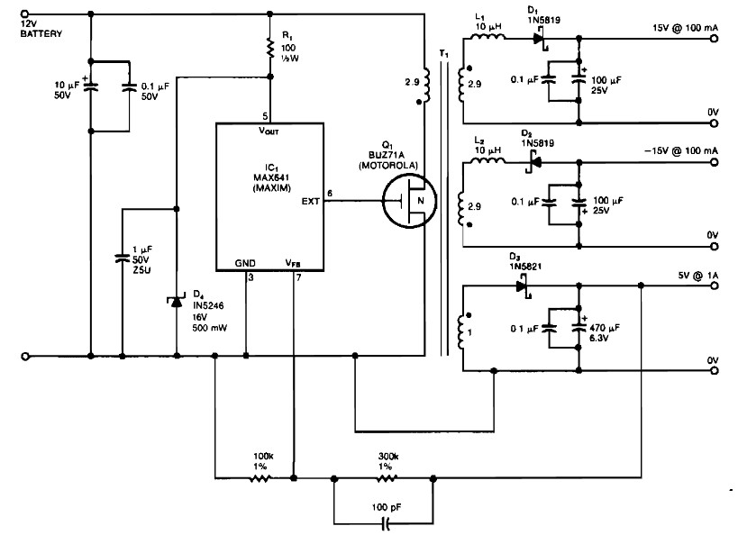 bipolar 15 v and 5v from car battery supply circuit