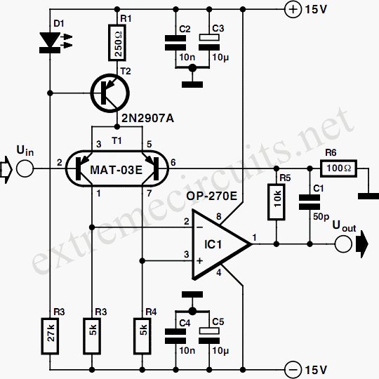 Low-Noise Microphone Amplifier OP270E circuit