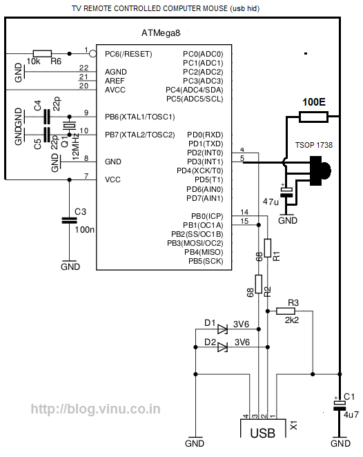 TV remote controlled computer mouse an avr VUSB project circuit