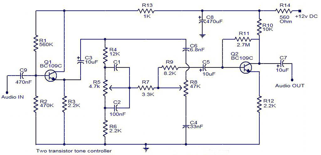 tone controller circuit diagram two transistor circuit