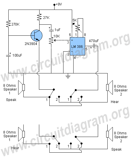 intercom circuit using lm386 ic circuit