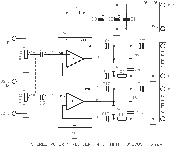 stereo power amplifier 4w 8w with tda2005 circuit