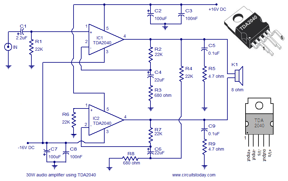 Audio AmplifierCircuit - 30 Watts circuit