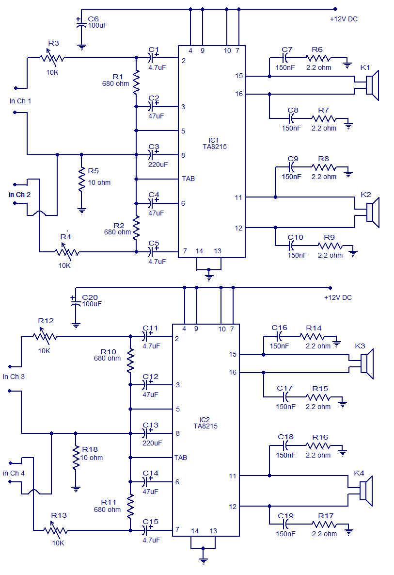 4 X 15 Watt power amplifier circuit