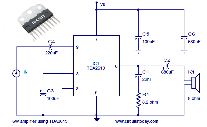 Audio power amplifier circuit using Hi Fi audio amplifier IC TDA2613 circuit
