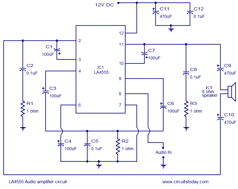 LA4550 audio amplifier circuit 4W 8 ohm 12V operation circuit