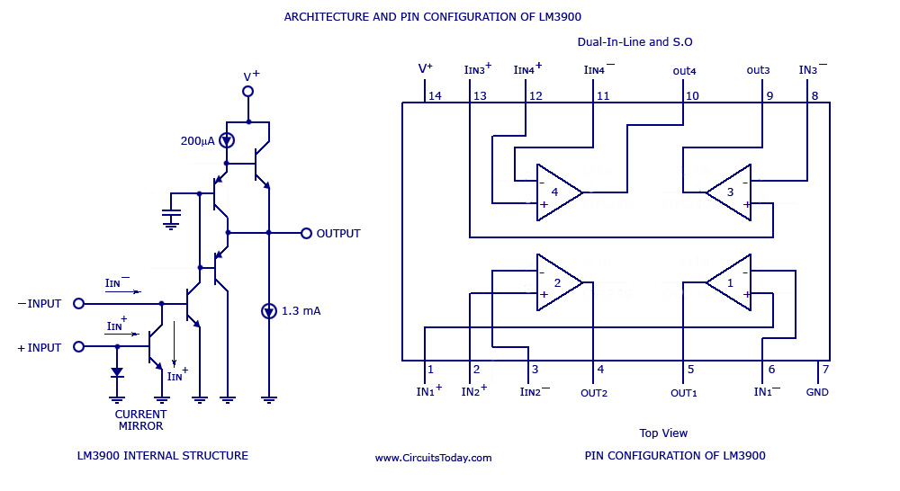 Muti-channel audio mixer circuit based on LM3900 IC. Four channels