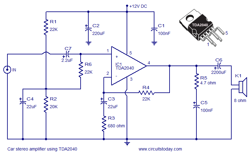 Car Amplifier Circuit Schematic using TDA2040 Integrated Audio Amplifier circuit