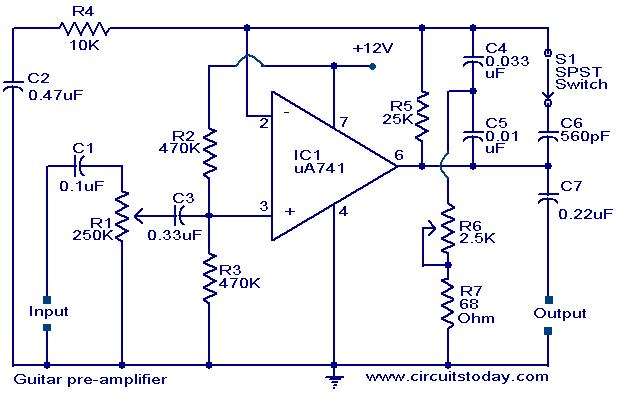 Guitar pre-amplifier using uA 741