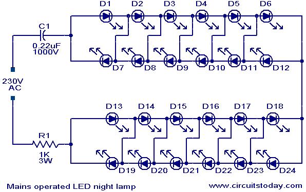 Mains operated LED night lamp circuit