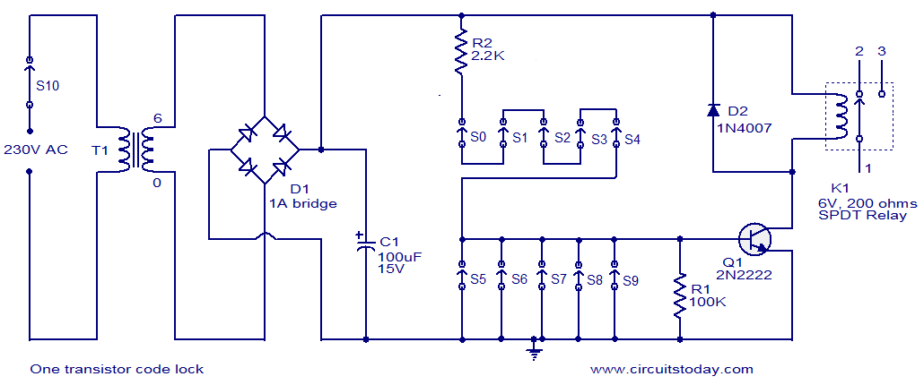 One 2N2222 Transistor Code Lock circuit