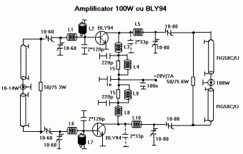 100W RF Amplifier Circuit With BLY94 Transistor