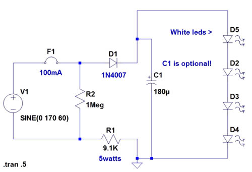 120 Volt 4 LED Light Circuit Schematic Diagram circuit
