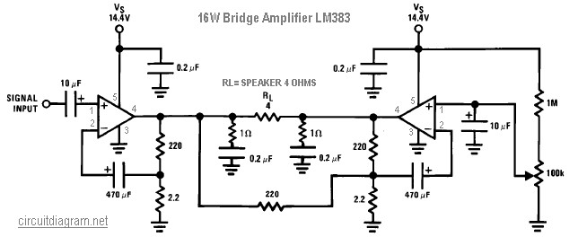 16w bridge amplifier using lm383 circuit
