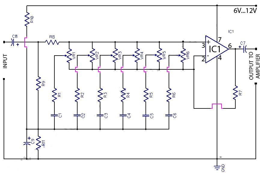 Audio 6 Band Graphic Equaliser Using 741 Op-Amp