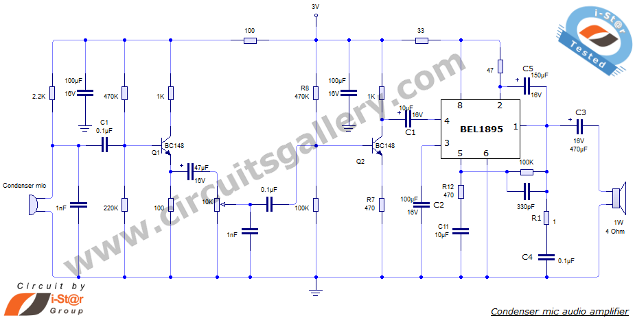 Condenser Microphone Amplifier Schematic using BEL 1895 IC circuit