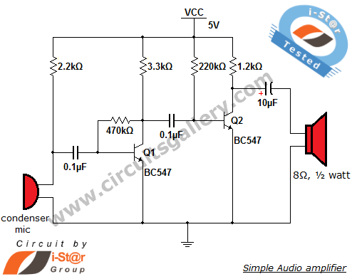 Simple condenser microphone mini audio amplifier circuit schematic