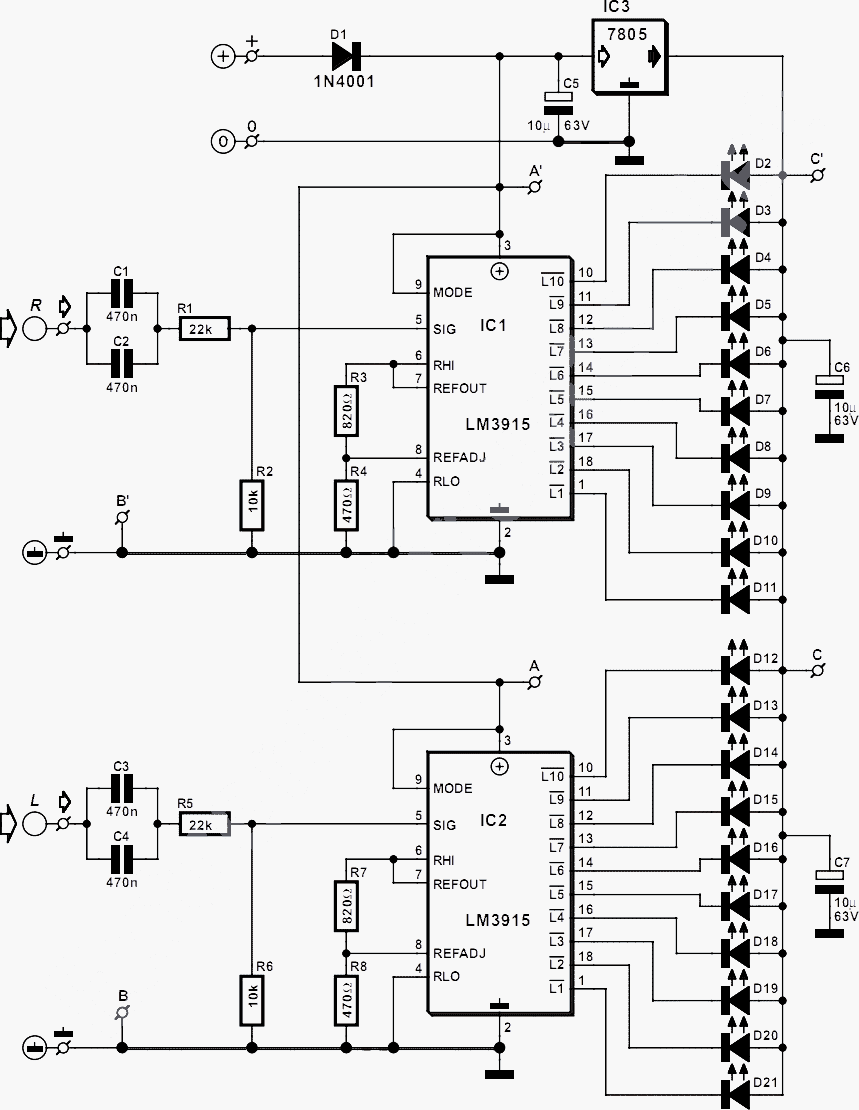 stereo led power vu meter circuit