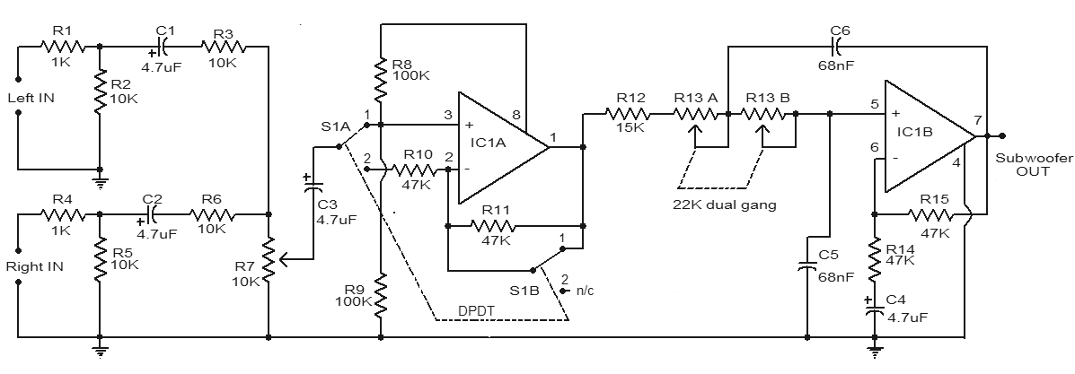 Subwoofer Filter Circuit Using Op-Amp TL072
