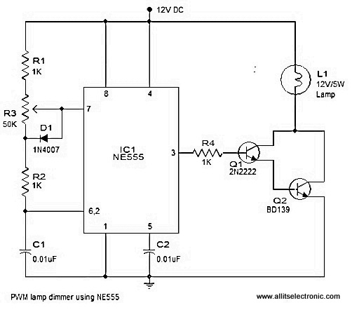 pwm lamp dimmer using ne555 circuit