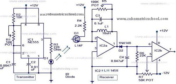 Moving Sensor / Detector Schematic Diagram using IC NE555 and Phototransistor L14F