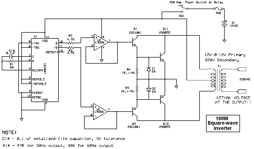 100W Square wave Inverter by CD4047 LM3582SC10612N3055