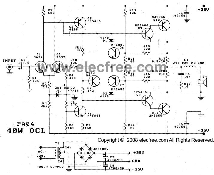 Power Amplifier OCL 40W by 2N3055MJ2955 circuit