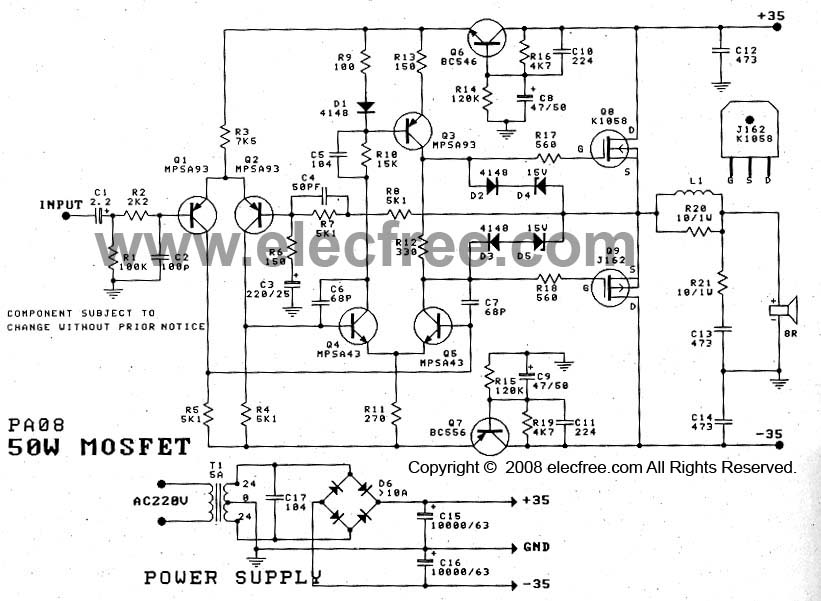 Power Amplifier OCL 50W by Mosfet K1058  J162 circuit