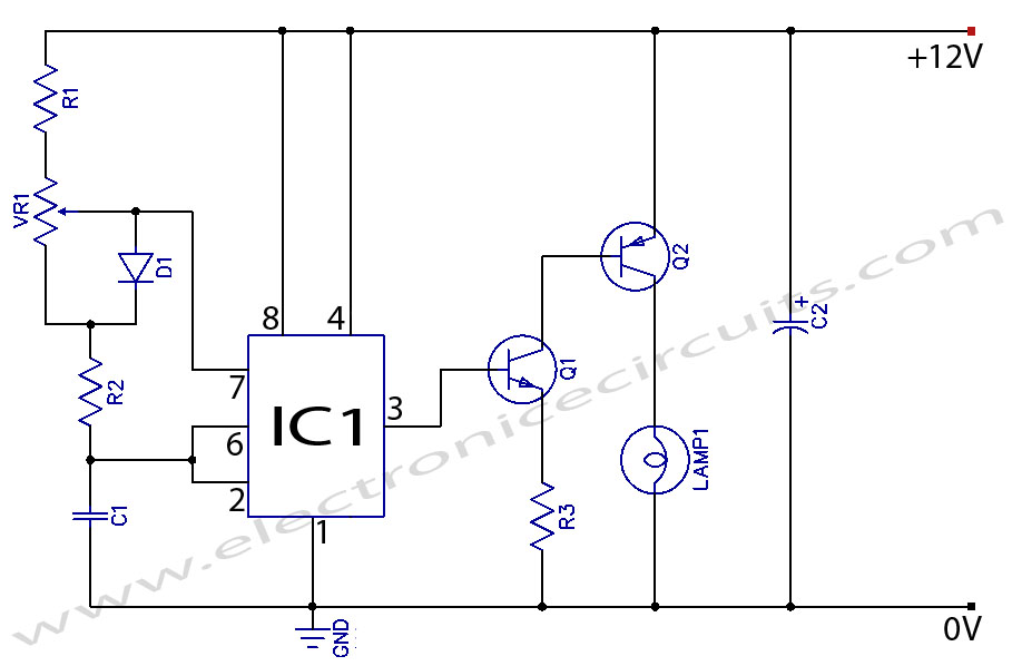 12V DC Light Dimmer Circuit Using 555 Timer IC circuit