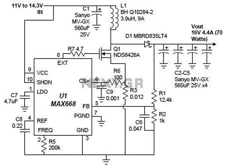 MAX668 16V 4.4A switching power supply circuit design electronic project