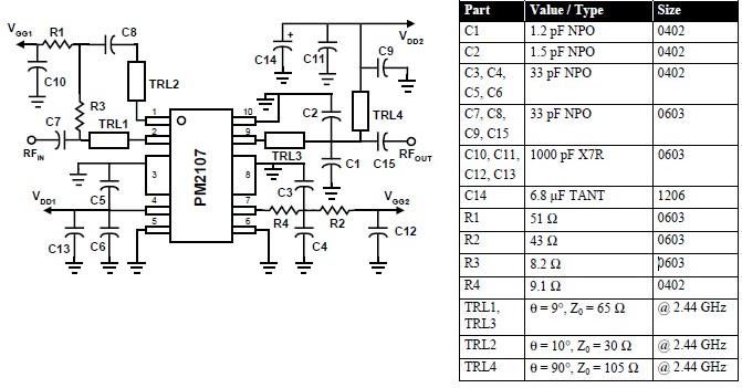 2400 MHz RF amplifier circuit diagram using PM2107