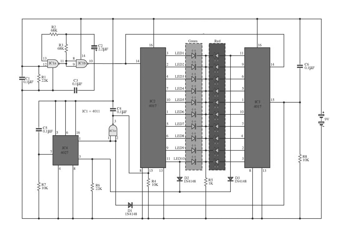 Two Colour LED Light Bar Circuit Schematic Diagram circuit