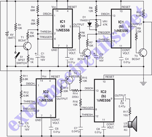 Telephone Ringer Using Timer ICs circuit
