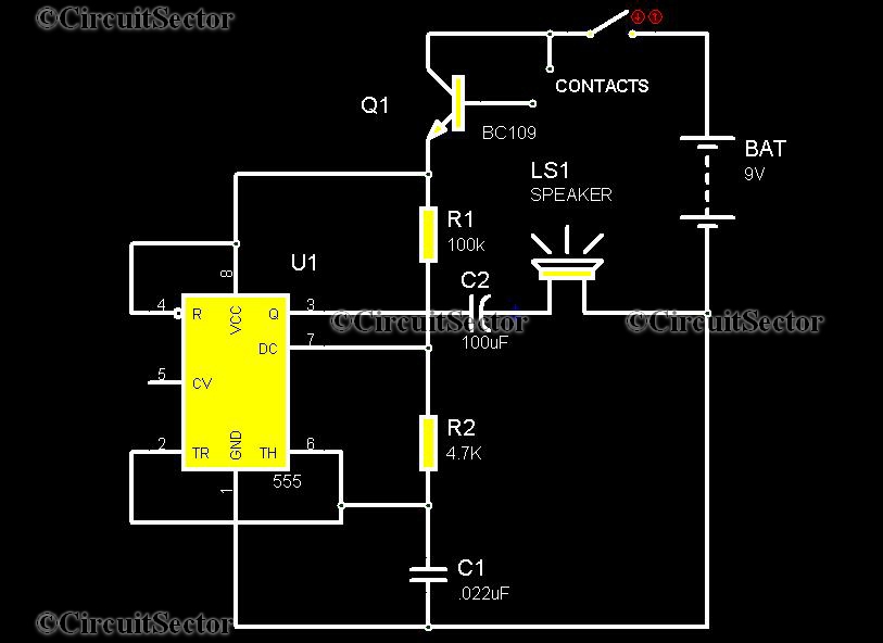 Water Activated Sensor Alarm Using 555 PCB circuit