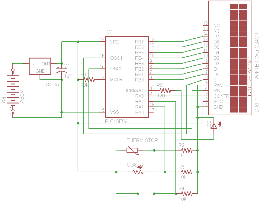 PIC 16F88 Digital Thermometer Light Meter and resistance ohm meter circuit