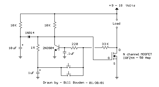 High Current MOSFET Toggle Switch with Debounced Push Button. circuit