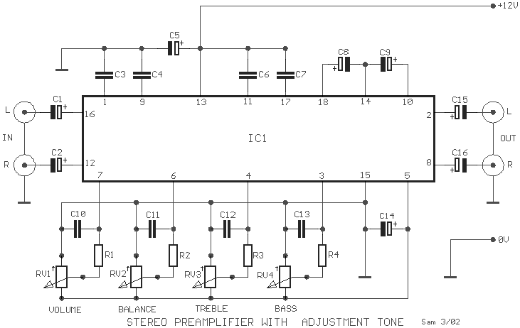 Stereo Preamplifier with adjustment tone circuit