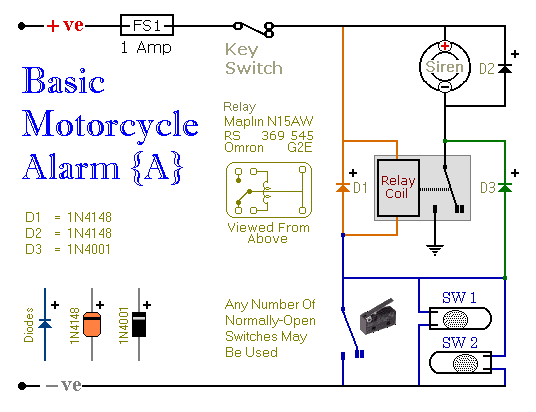 Two Simple Relay Based Motorcycle Alarms circuit