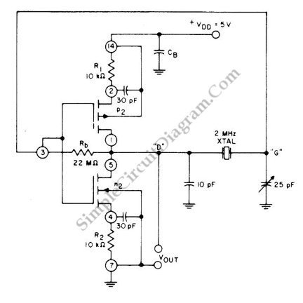Cmos Pair 2-Mhz Crystal Oscillator circuit
