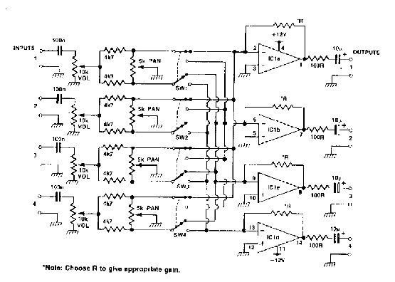 4 channel audio mixer with TL074
