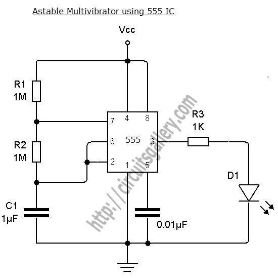 Astable Multivibrator using NE 555 timer IC circuit
