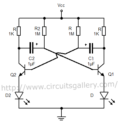 Astable Multivibrator using transistors circuit