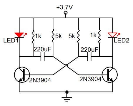 Astable multivibrator-2 LED flashing circuit2N39043.7V
