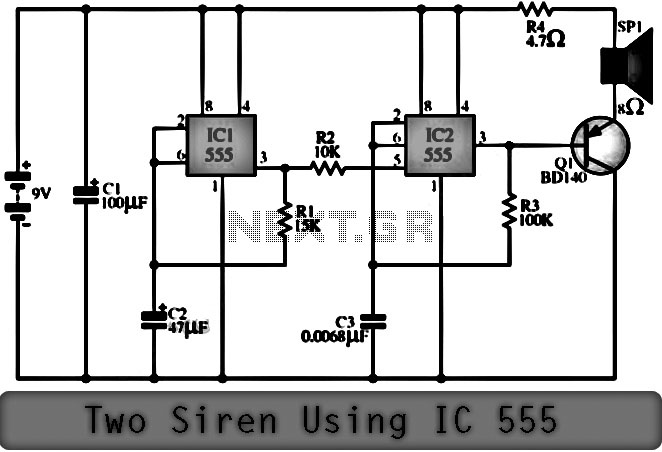 2 Siren Sound Use IC555 Schematic Diagram