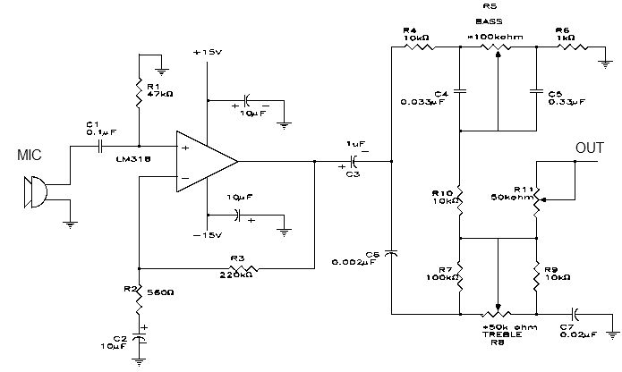 Lm318 Microphone preamplifier with tone control circuit and explanation circuit
