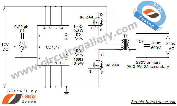 Simple low power Inverter Circuit (12V DC to 230V or 110V AC) diagram using CD4047 and IRFZ44 power MOSFET
