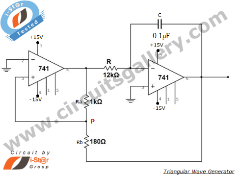 Triangular wave generator using Op Amp 741 circuit working and simulated output waveform